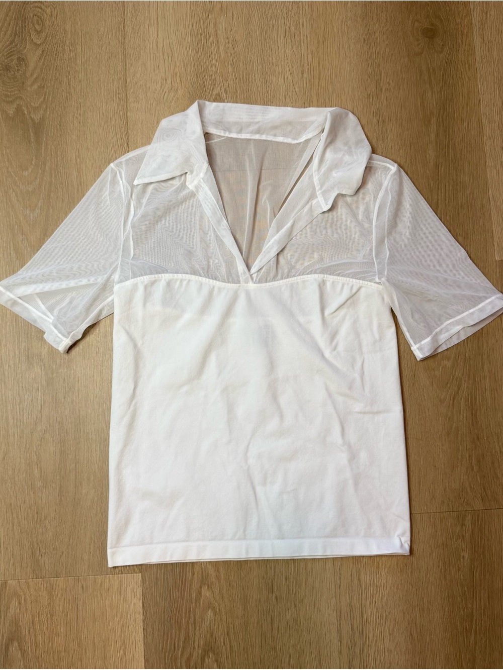 WOLFORD Size M White Nylon & Elastane Short Sleeve See Through Blouse Collared
